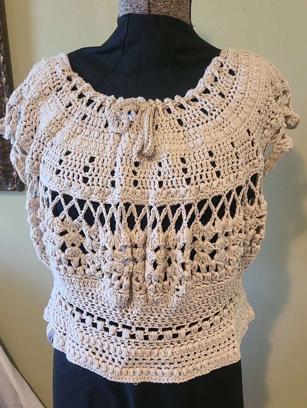 Grey Dove Creations Hand-Crocheted Cream Women's Short-Sleeve Top, Size Large